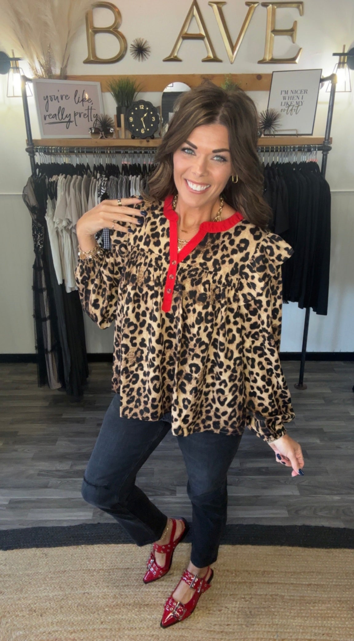 Brown Leopard & Red Trim Ruffled Blouse