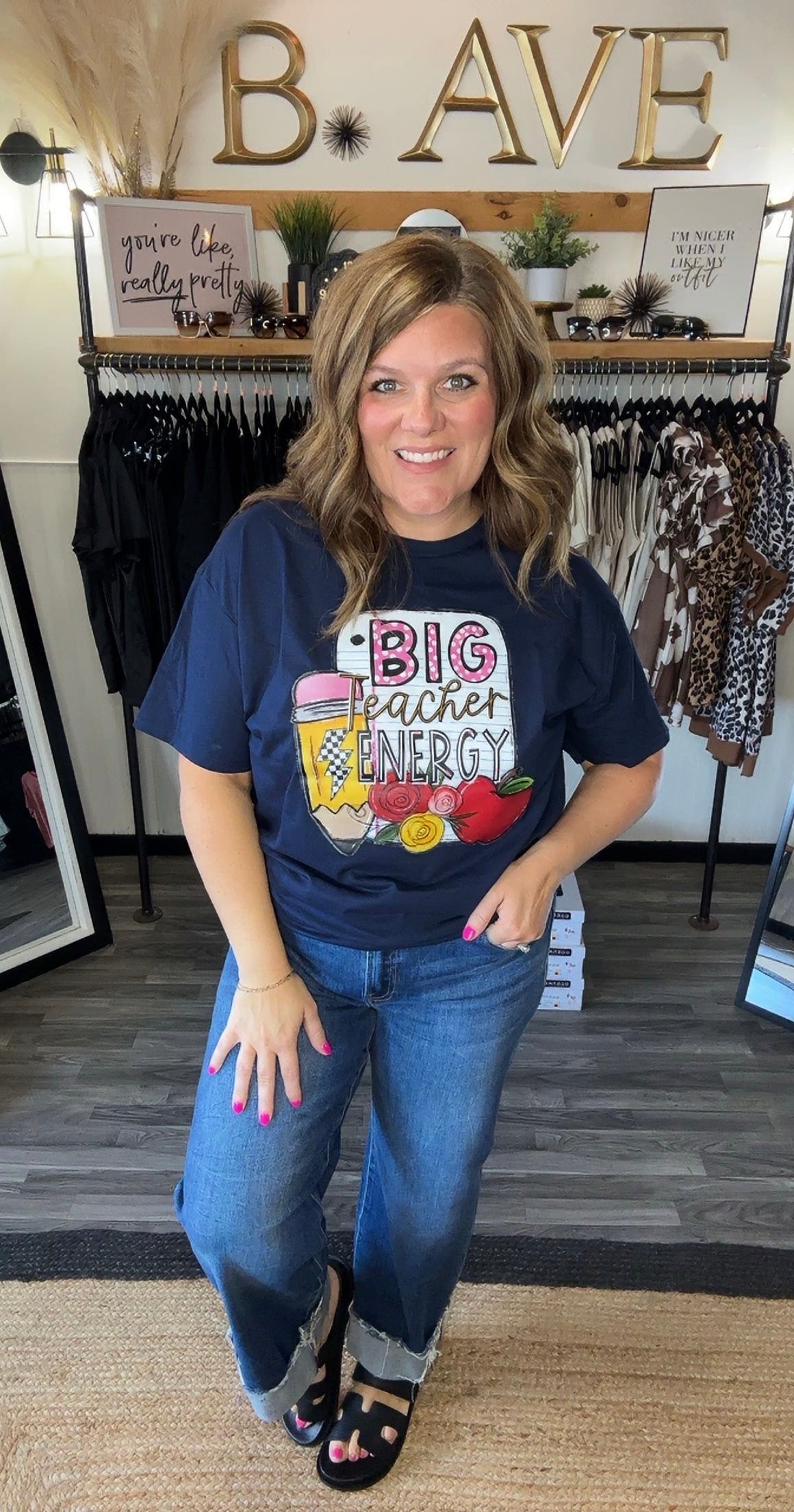 Navy Blue Big Teacher Energy Graphic Tee