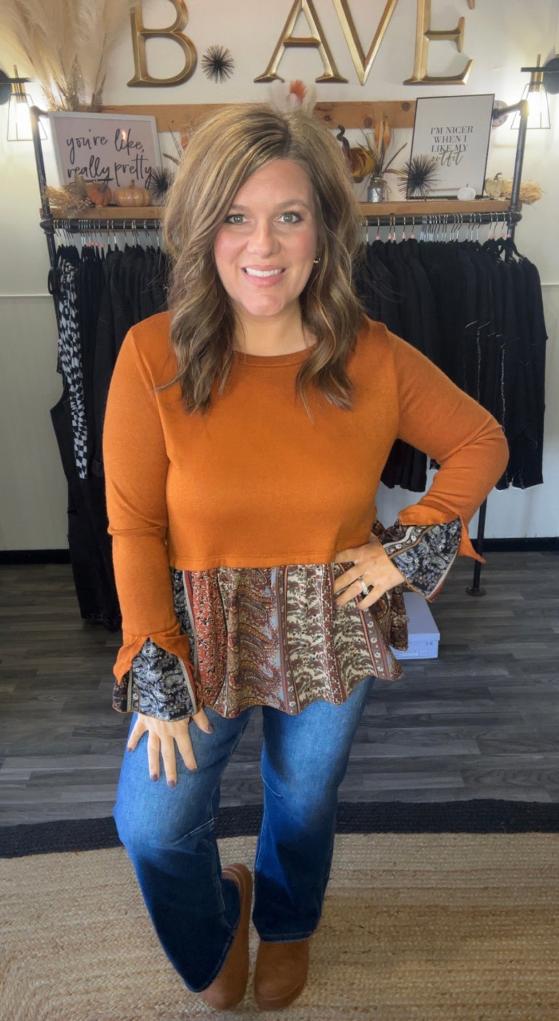 Rust Boho Fit & Flare Babydoll Top