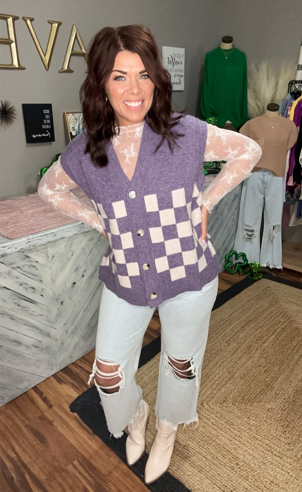 Violet Checkered Cardigan Vest