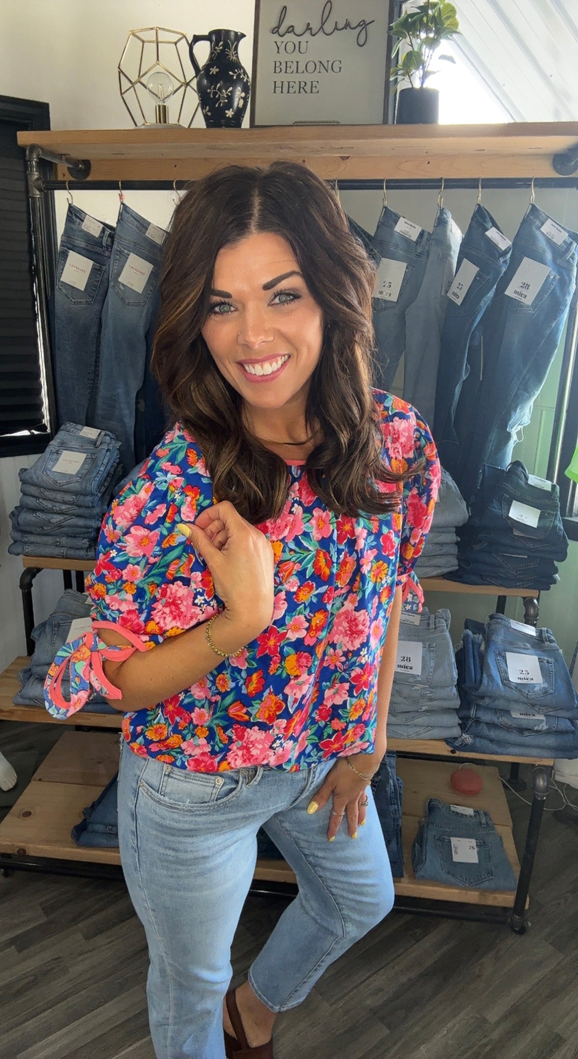 Navy & Coral Floral Print Ribbon Sleeve Top