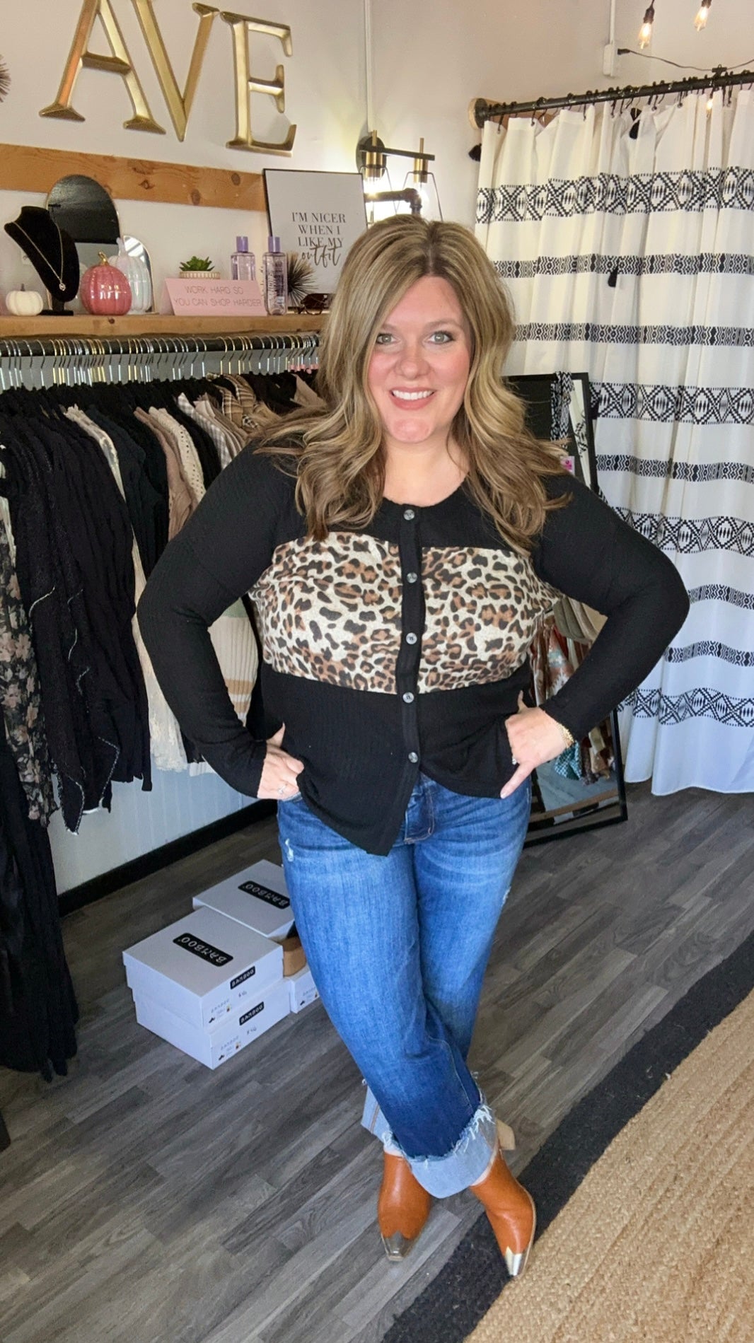 Black & Leopard Waffle Knit Top