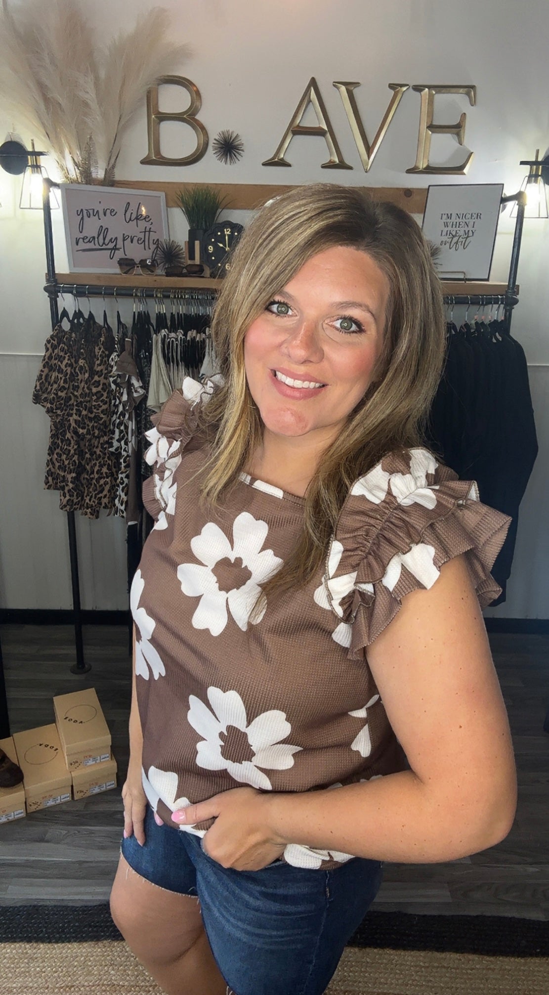 Brown Floral Textured Ruffle Sleeve Top