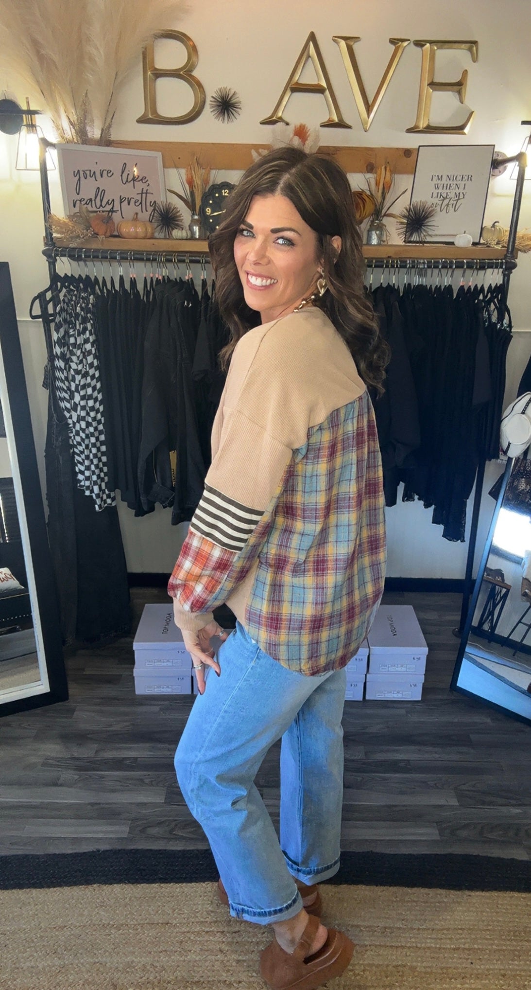 Khaki Waffle Knit Plaid Color Block Top