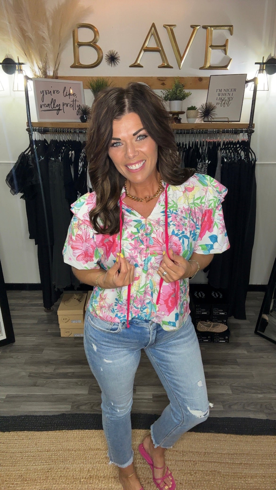 Ivory & Pink Floral Print Frill Top