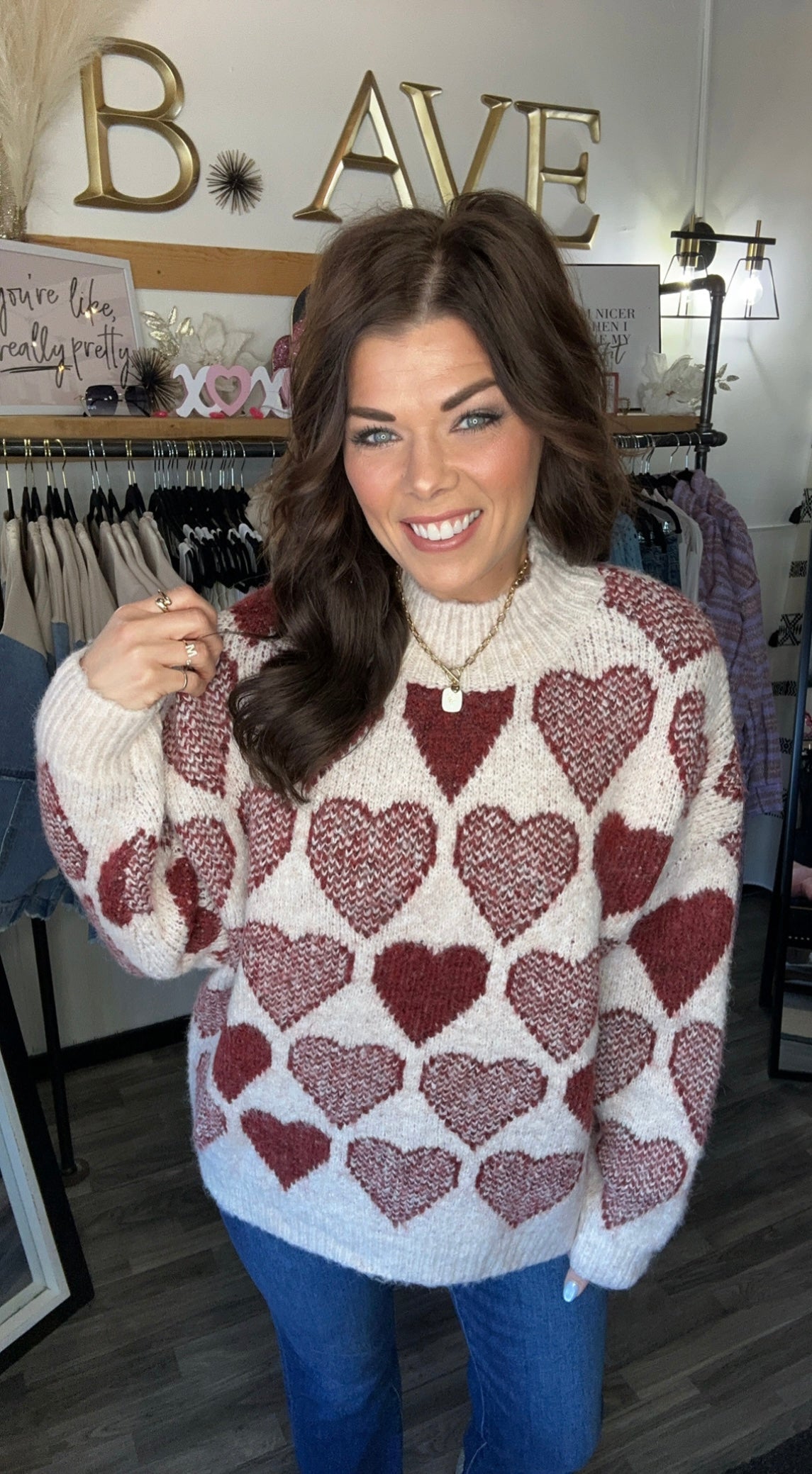 Oatmeal & Red Loose Fit Heart Sweater