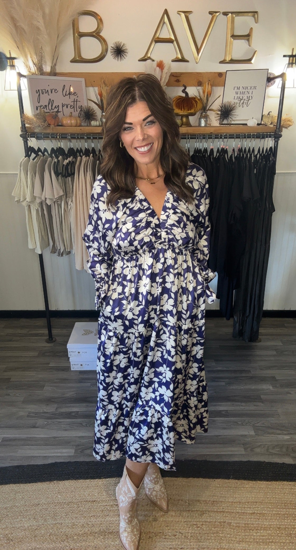 Navy & Ivory Floral Satin Dress