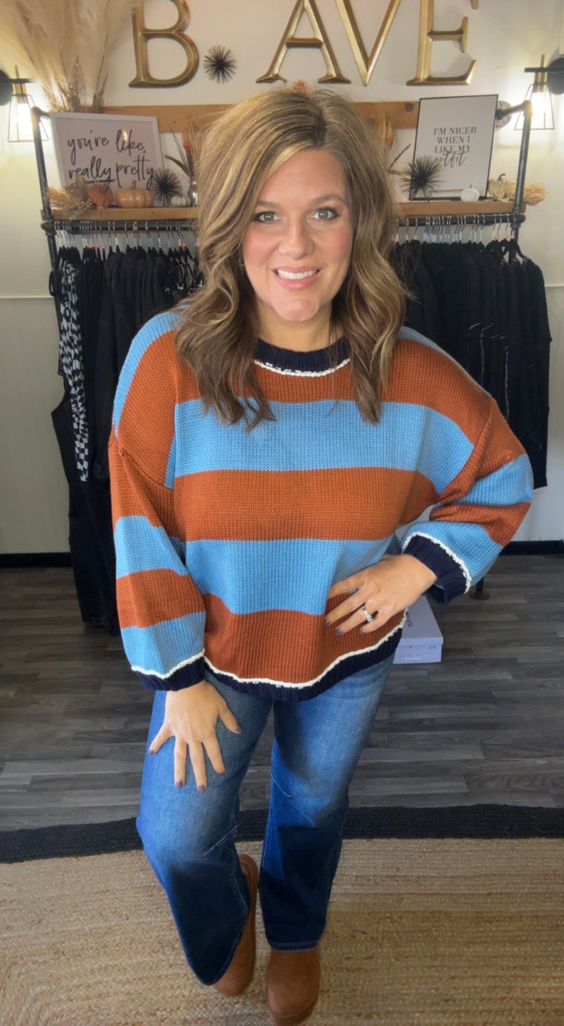 Slate Blue & Camel Stripe Sweater