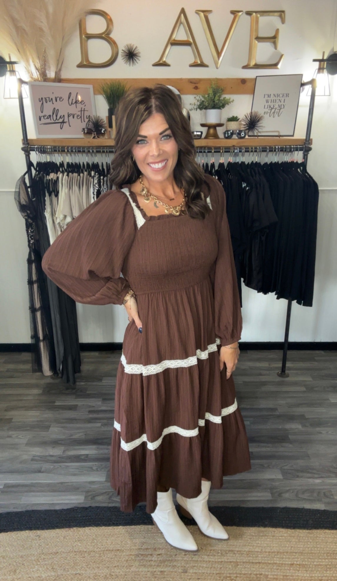 Brown & Ivory Lace Trimmed Dress