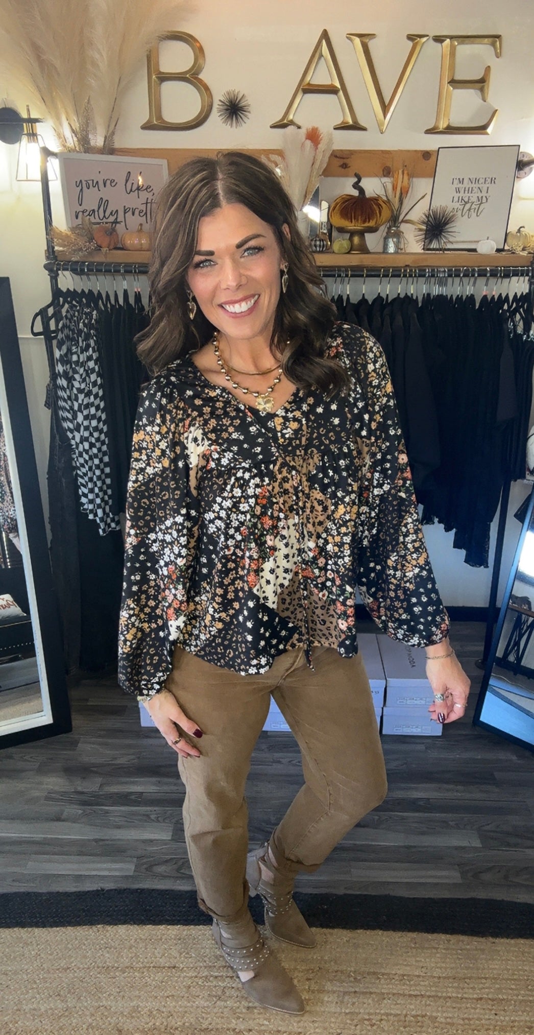 Black & Taupe Floral Mix Patchwork Print Blouse
