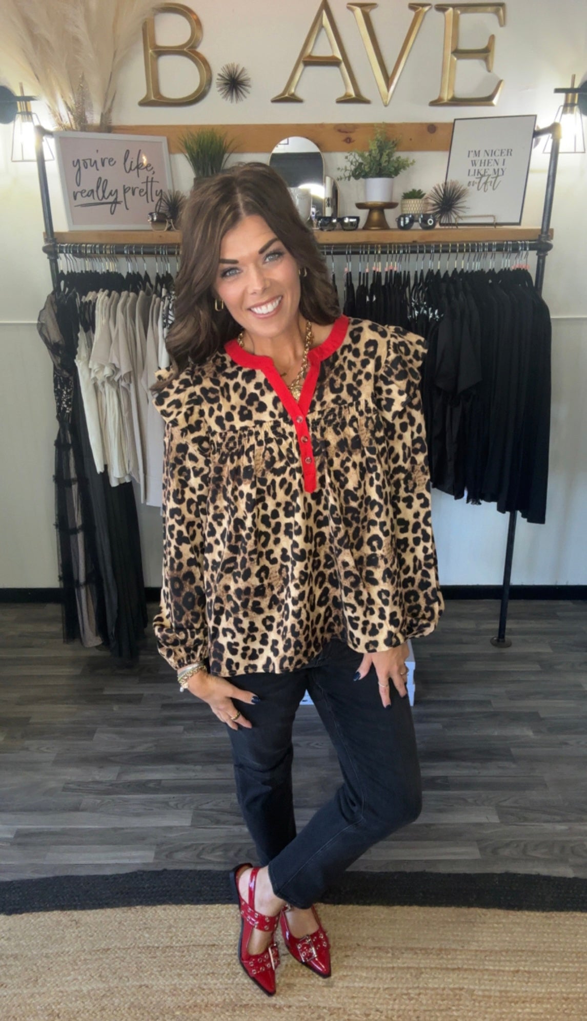 Brown Leopard & Red Trim Ruffled Blouse