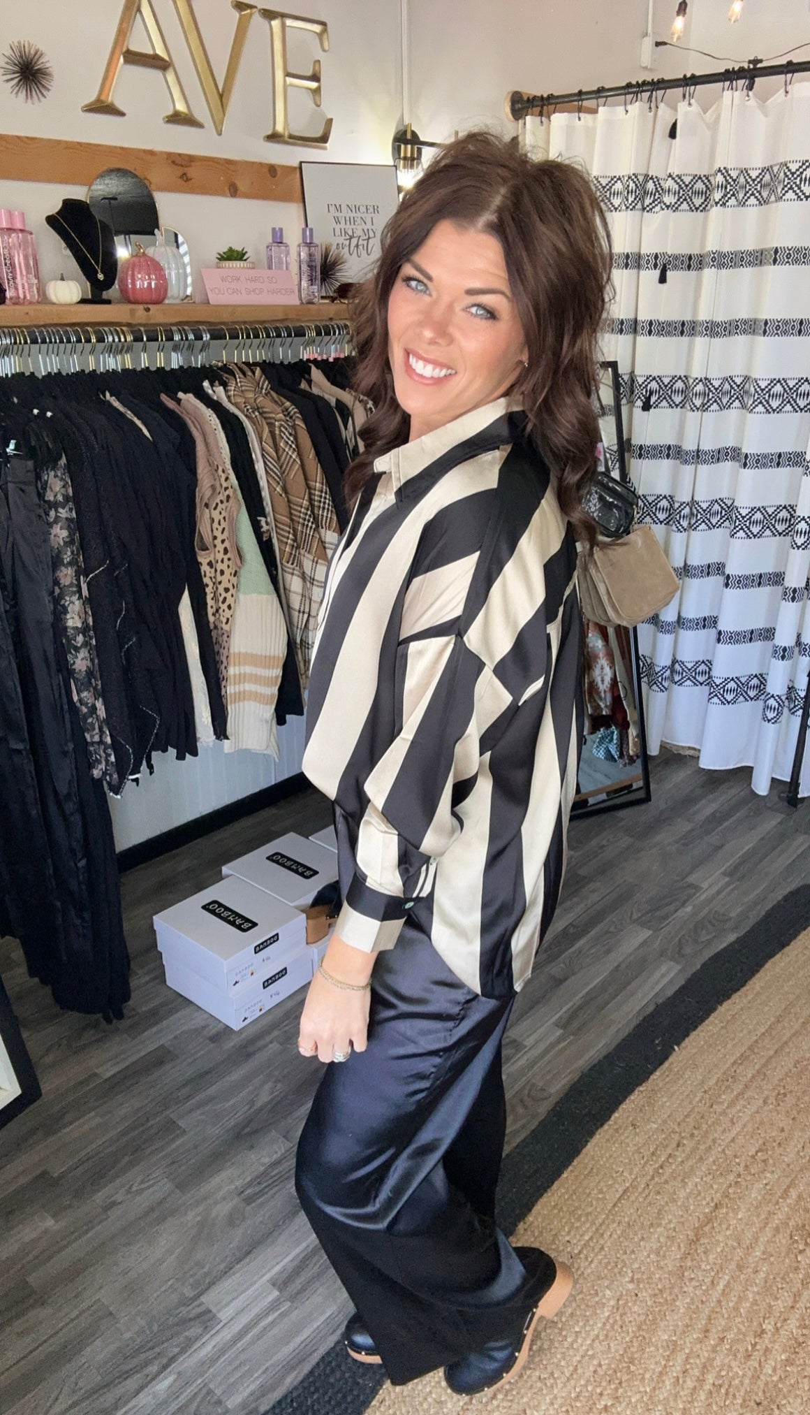 Black & Taupe Striped Satin Top