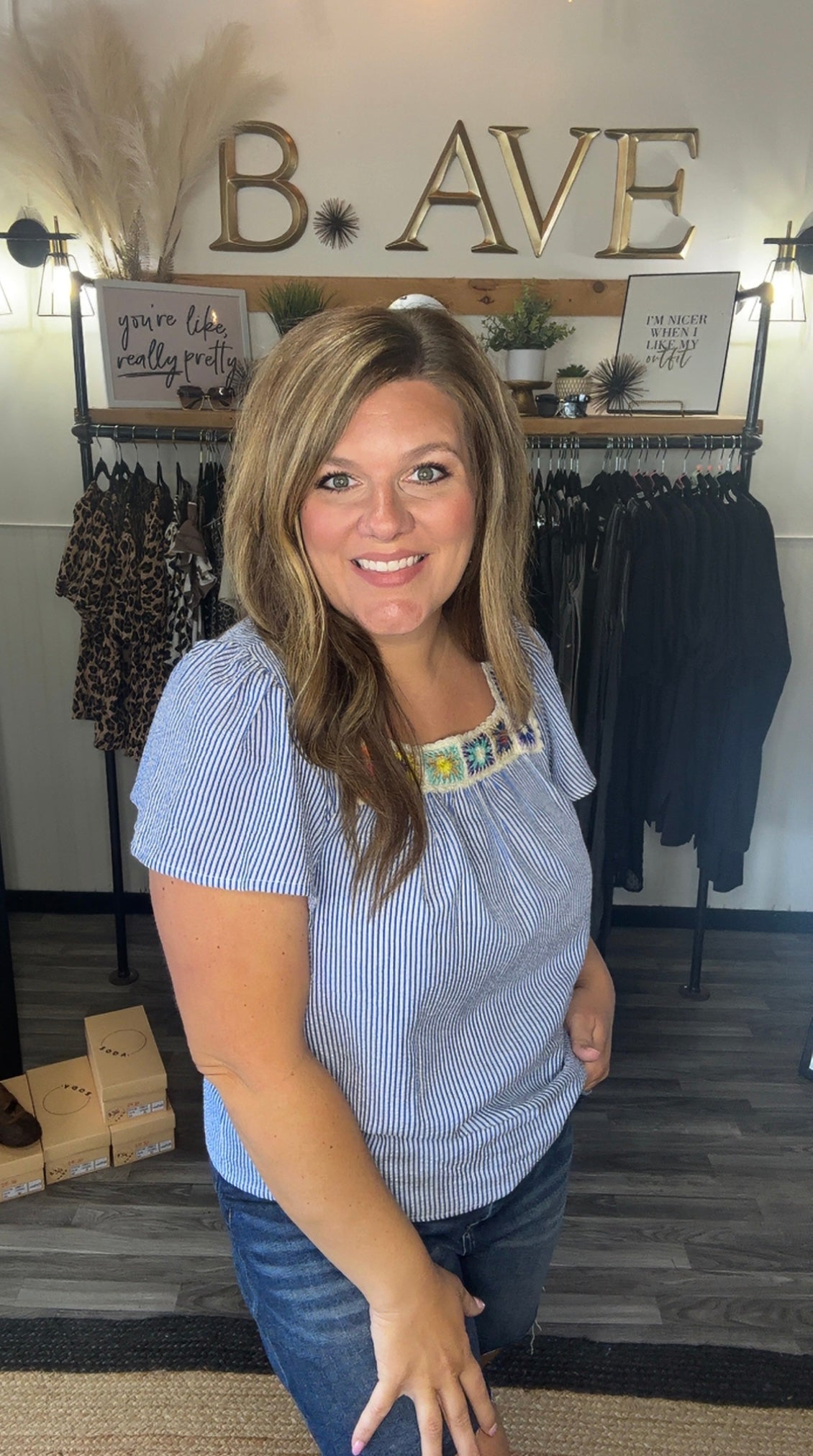 Blue Stripe Crochet Neck Top
