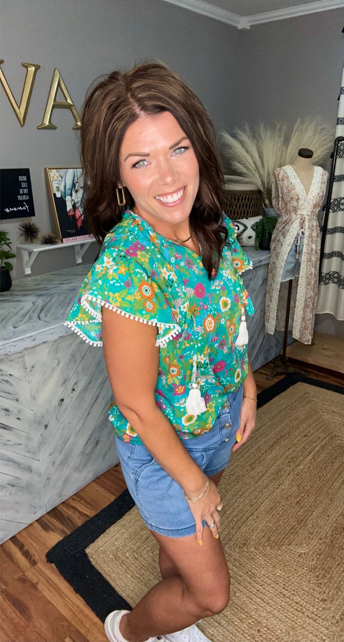 Green Tropical Floral Print Top