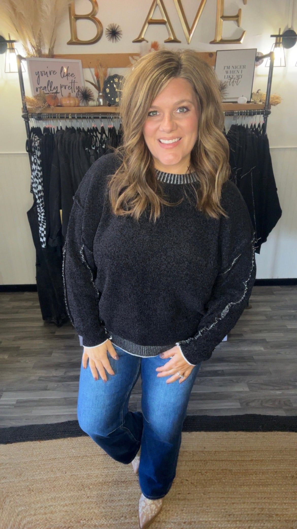 Raw Seam Round Neck Chenille Sweater