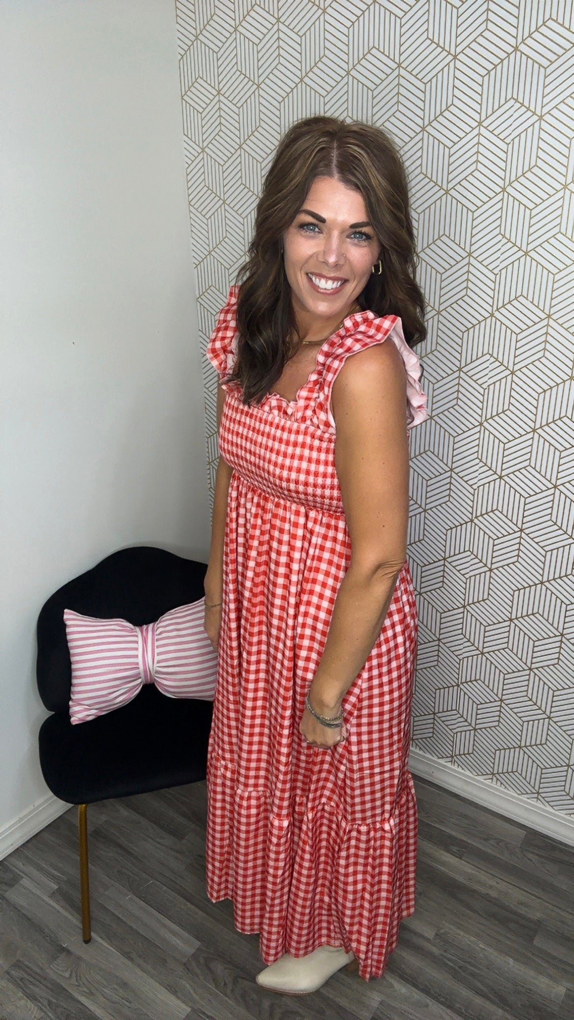 Red Gingham Sleeveless Maxi Dress