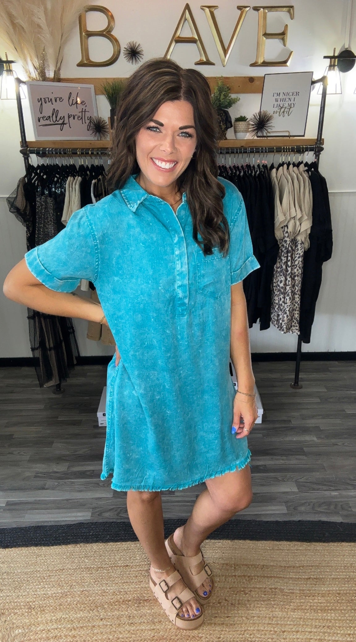 Teal Acid Wash Shirt Dress