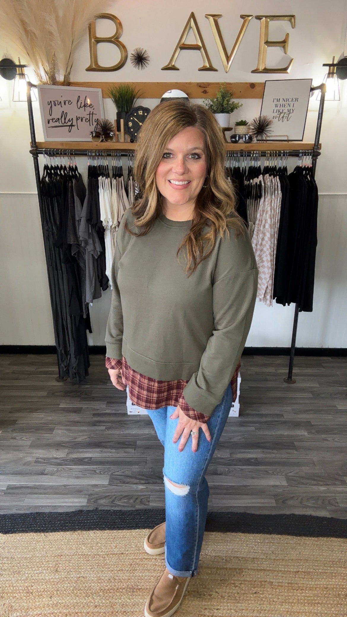 Moss Green Vintage Plaid Patchwork Sweatshirt
