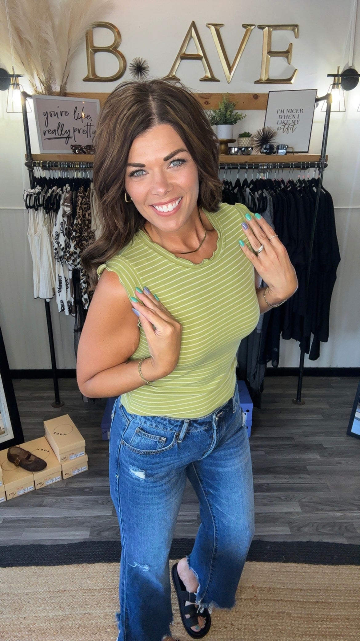 Avocado & White Stripe Ruffle Tank
