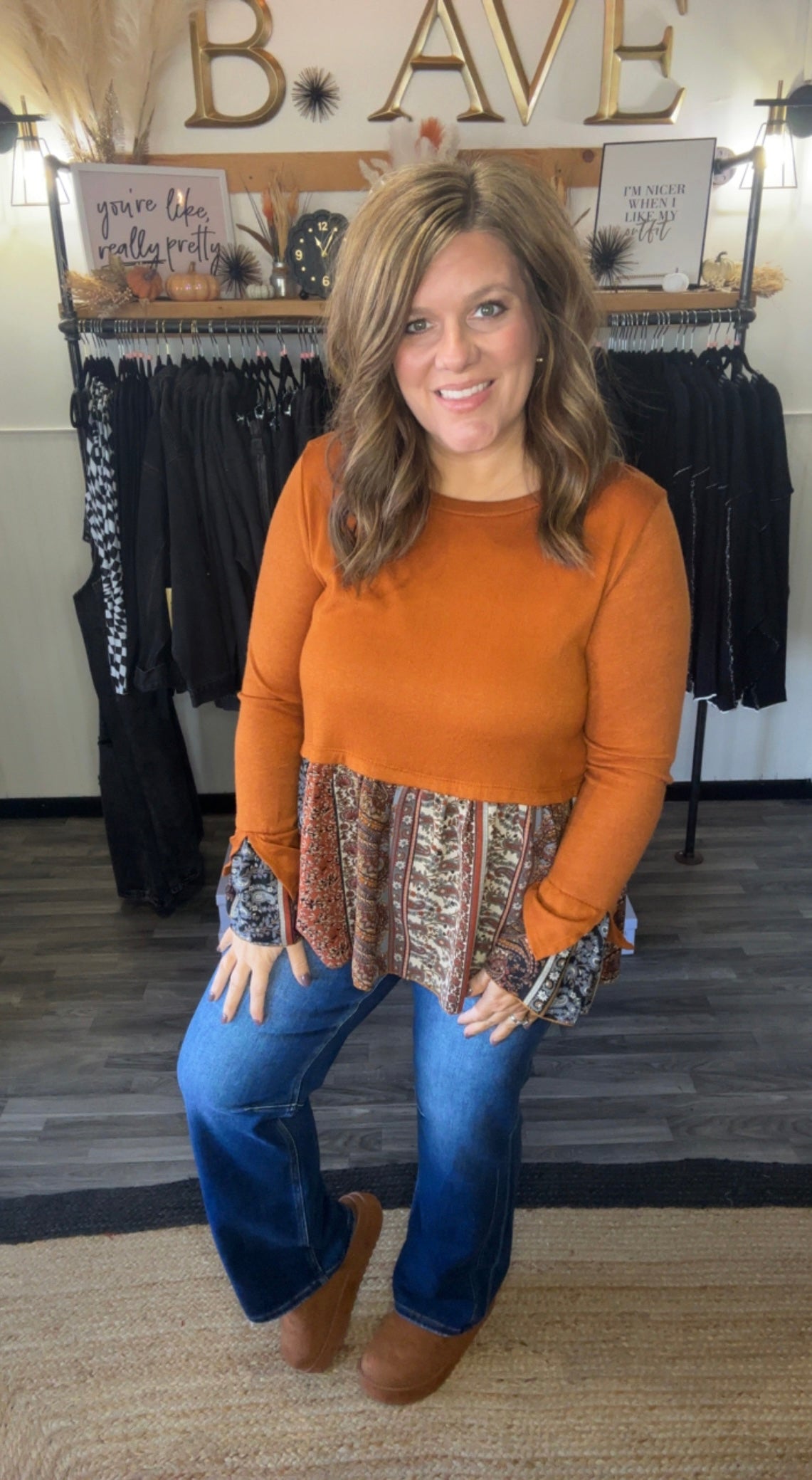 Rust Boho Fit & Flare Babydoll Top