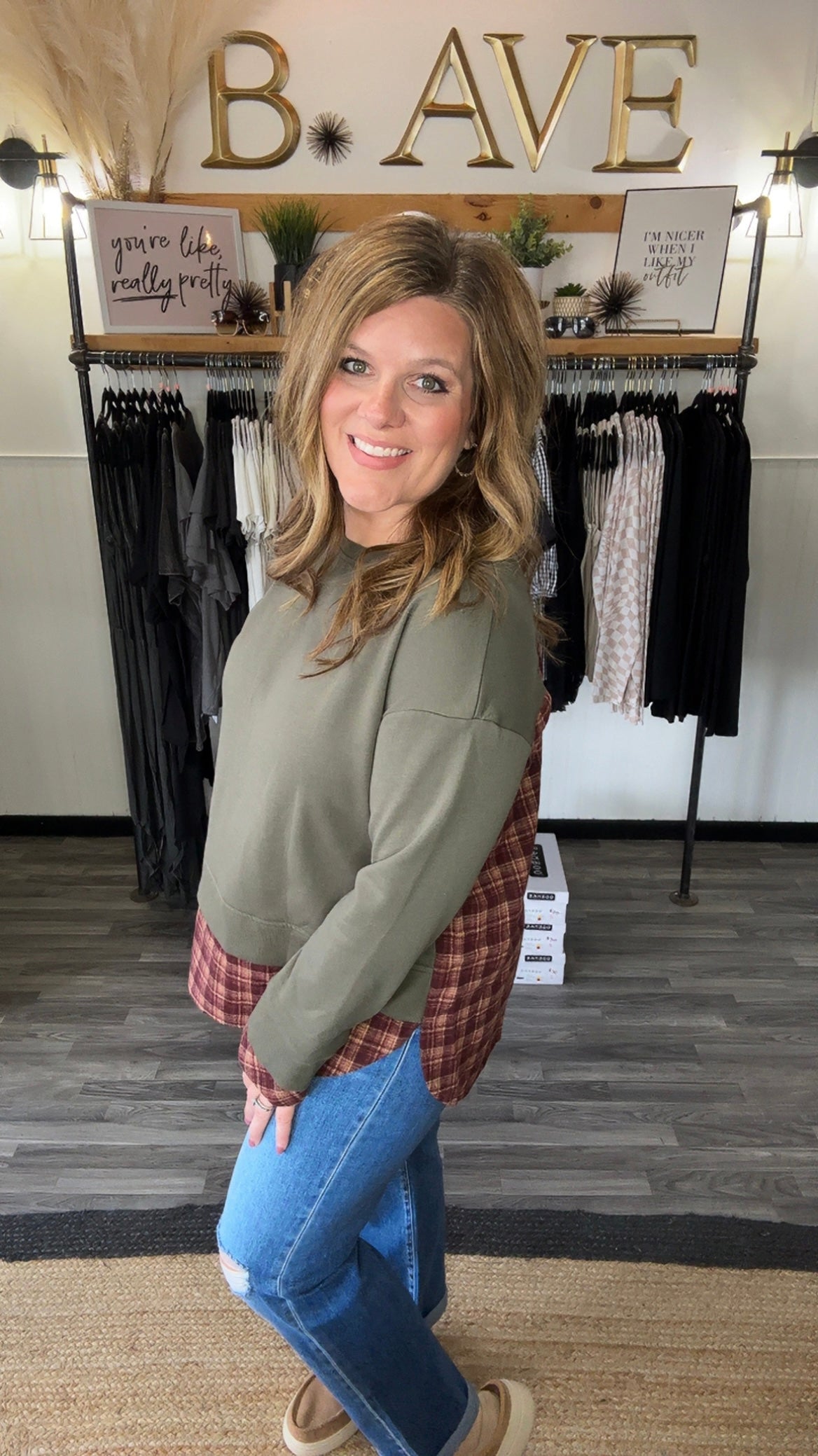 Moss Green Vintage Plaid Patchwork Sweatshirt