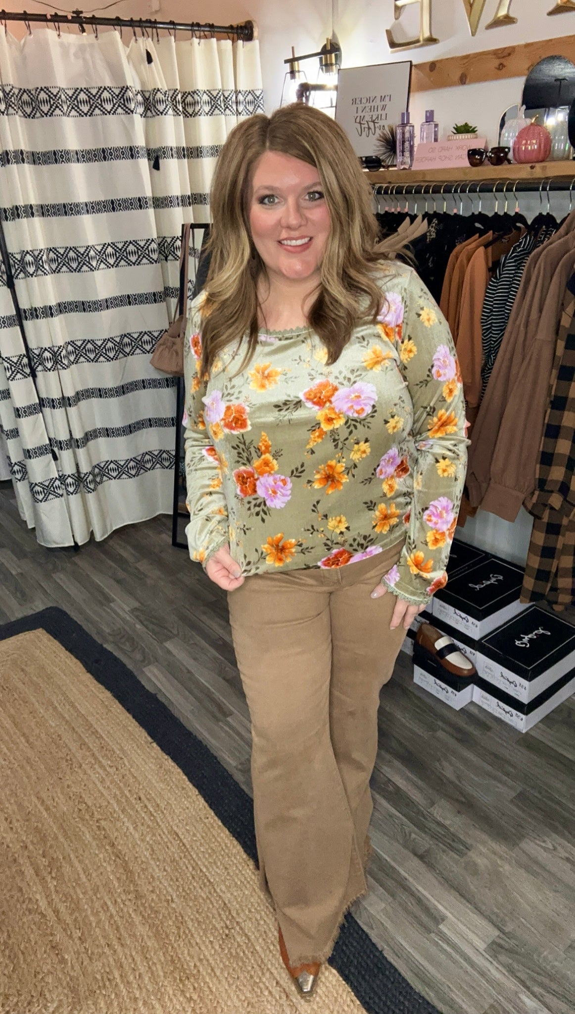 Olive Floral Print Velvet Top