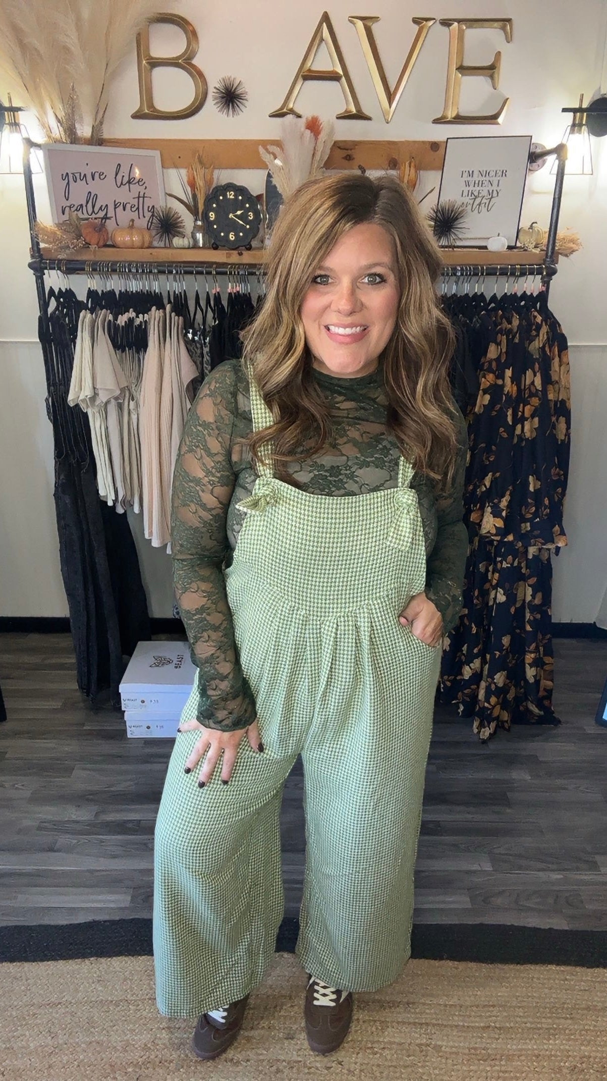 Light Olive & Beige Houndstooth Overalls