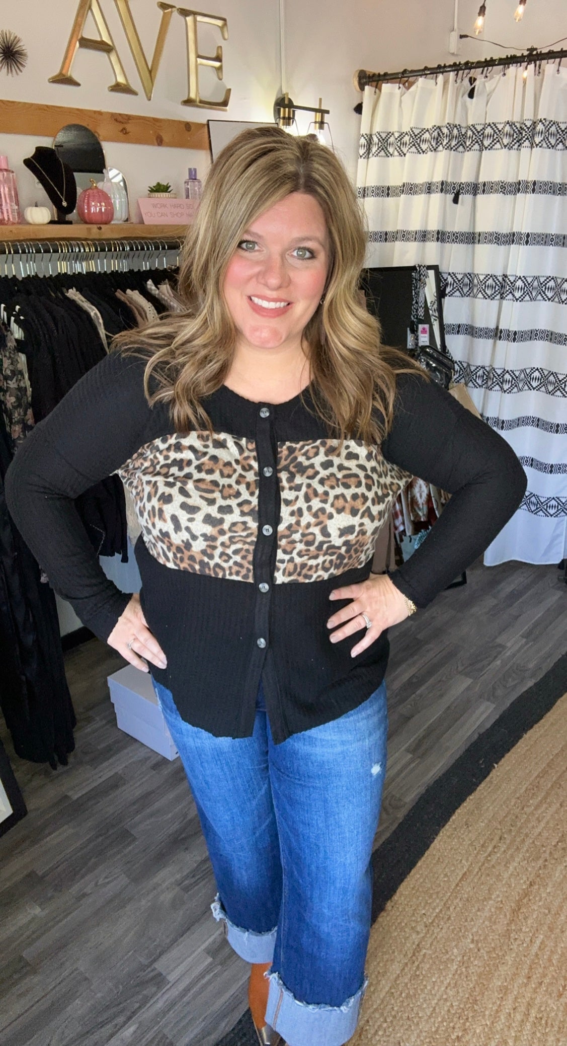 Black & Leopard Waffle Knit Top