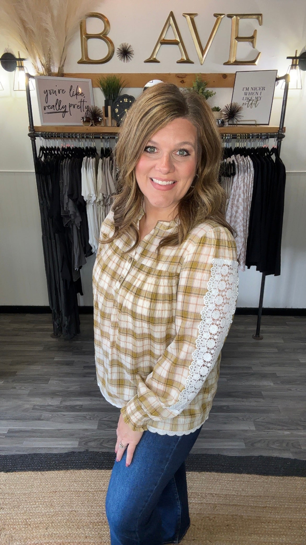 Light Olive Lace & Plaid Blouse