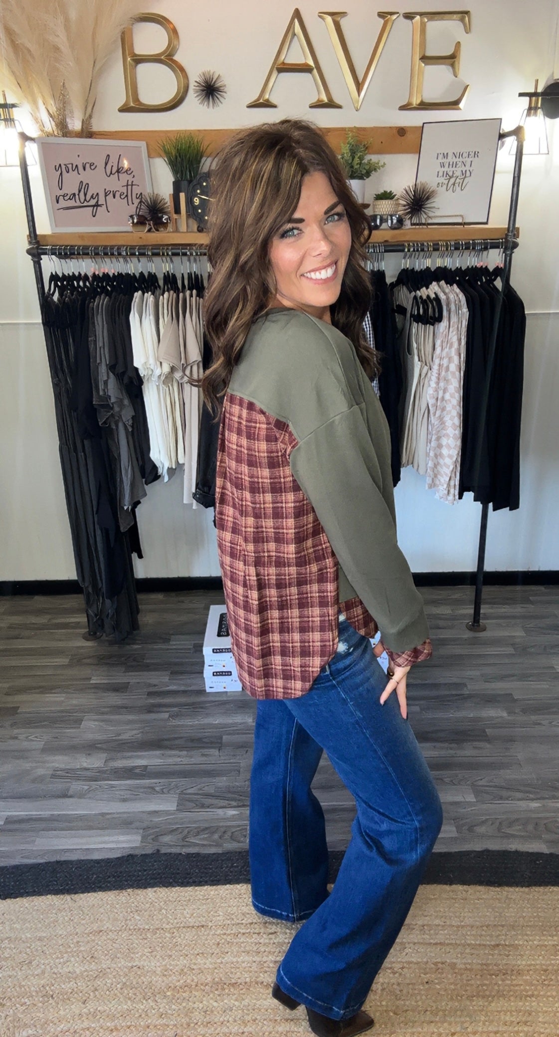 Moss Green Vintage Plaid Patchwork Sweatshirt