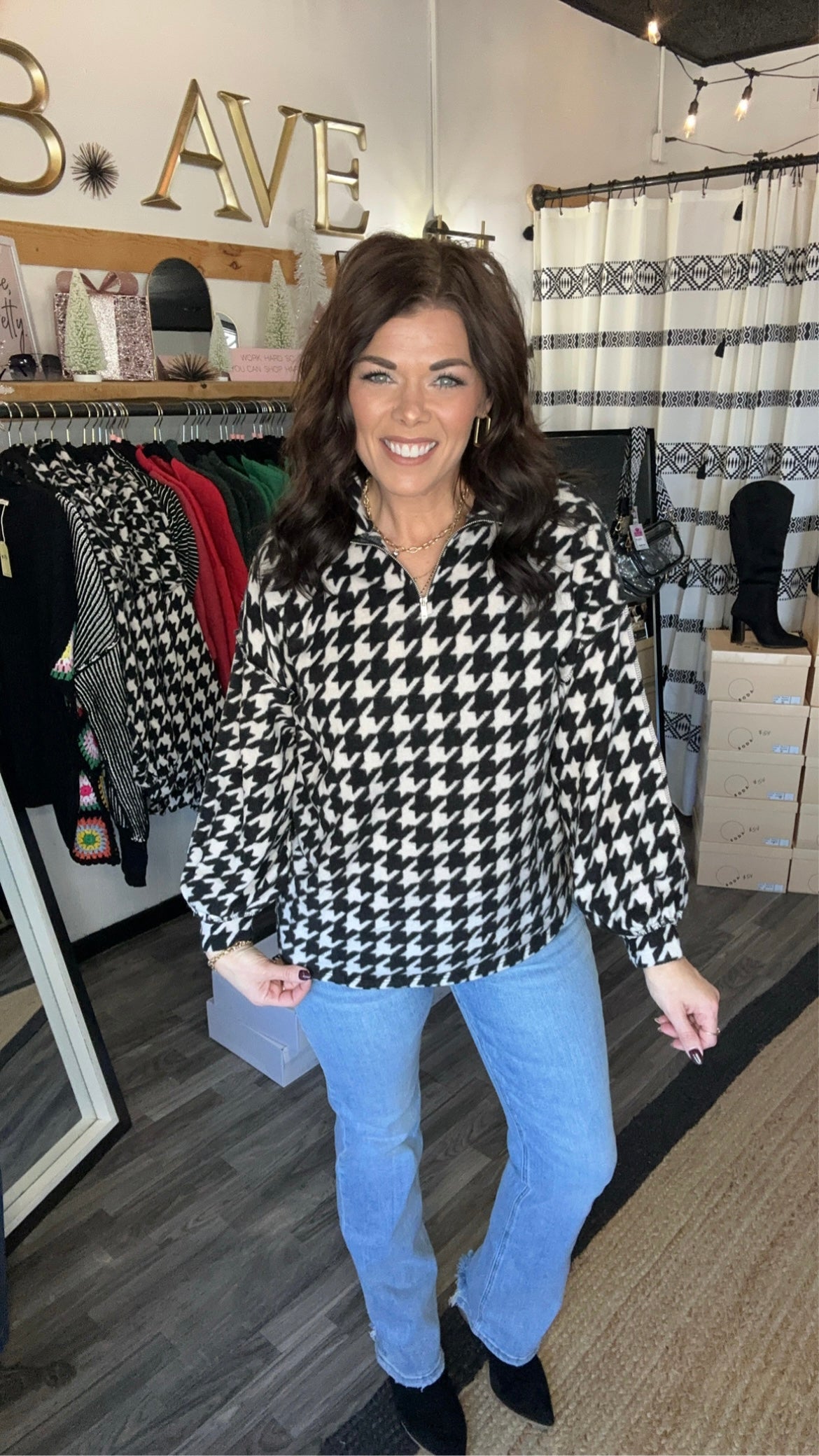 Black and White Houndstooth Half Zip Pullover