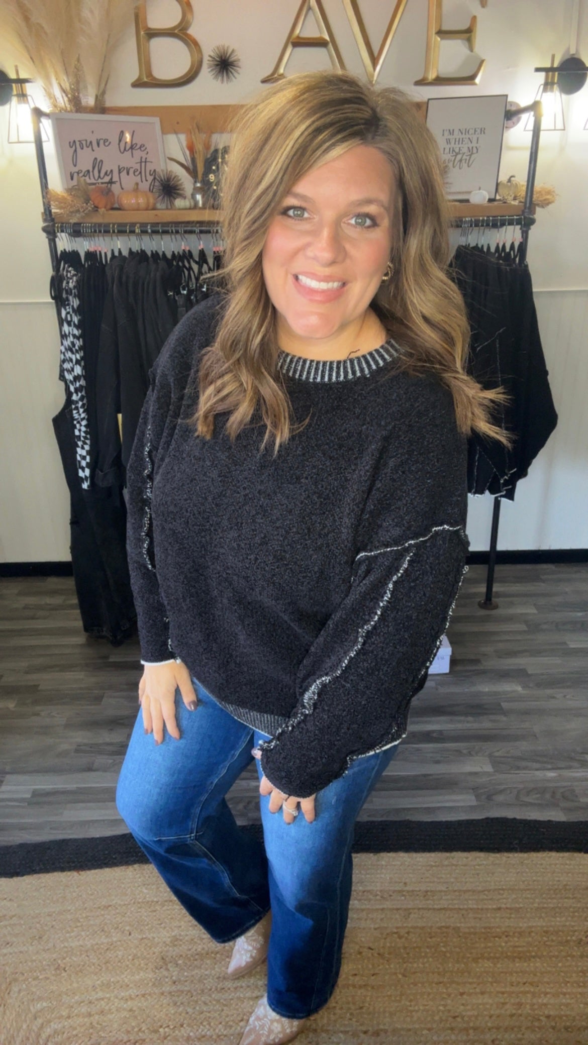 Raw Seam Round Neck Chenille Sweater