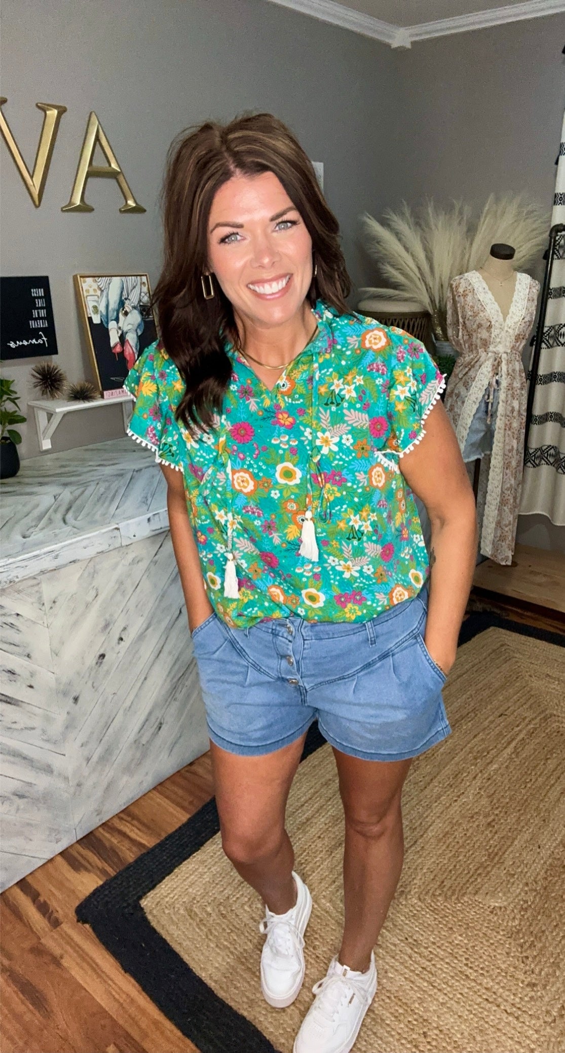 Green Tropical Floral Print Top