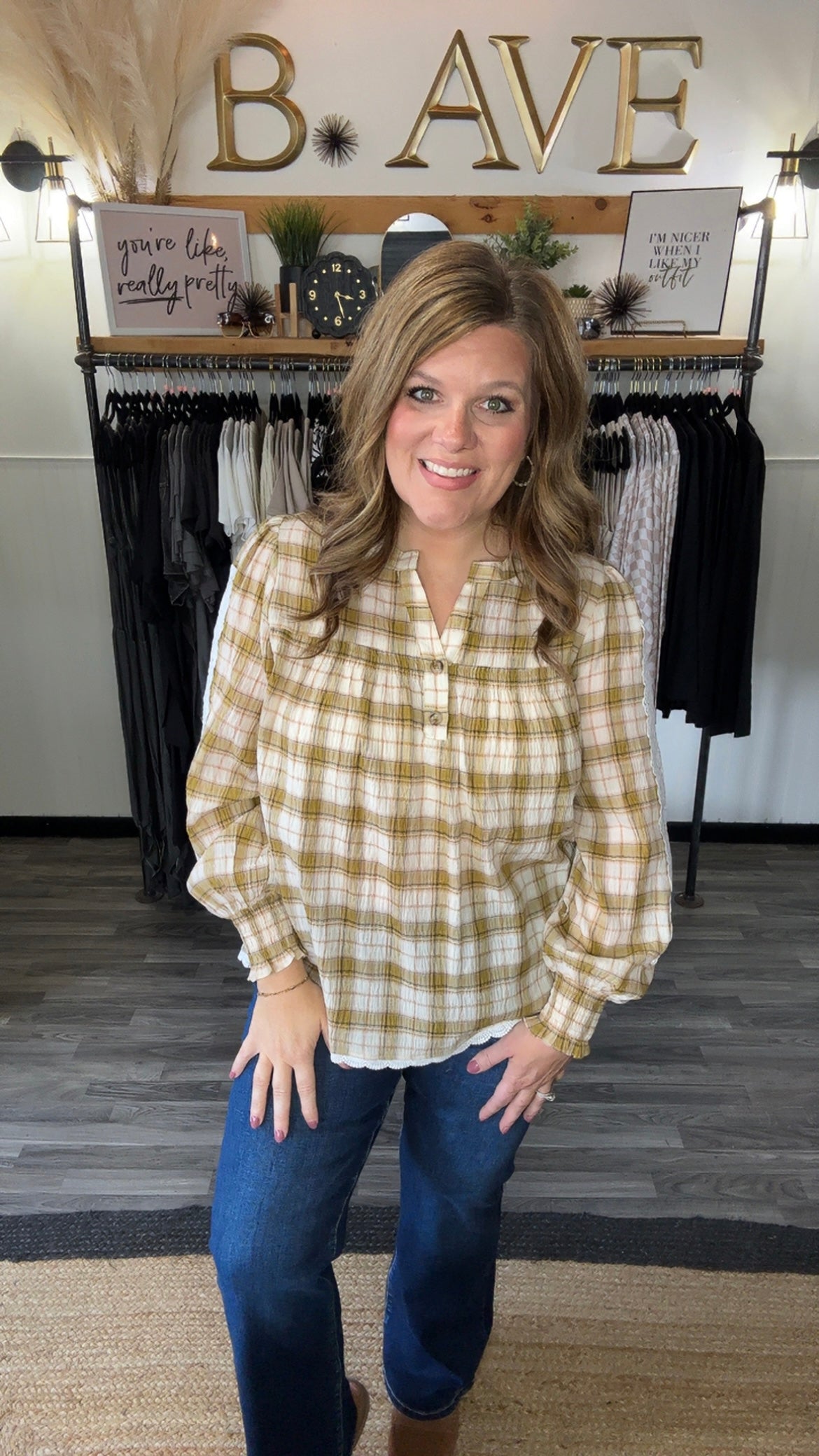 Light Olive Lace & Plaid Blouse