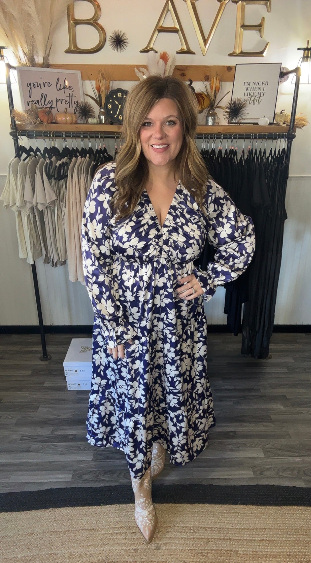 Navy & Ivory Floral Satin Dress