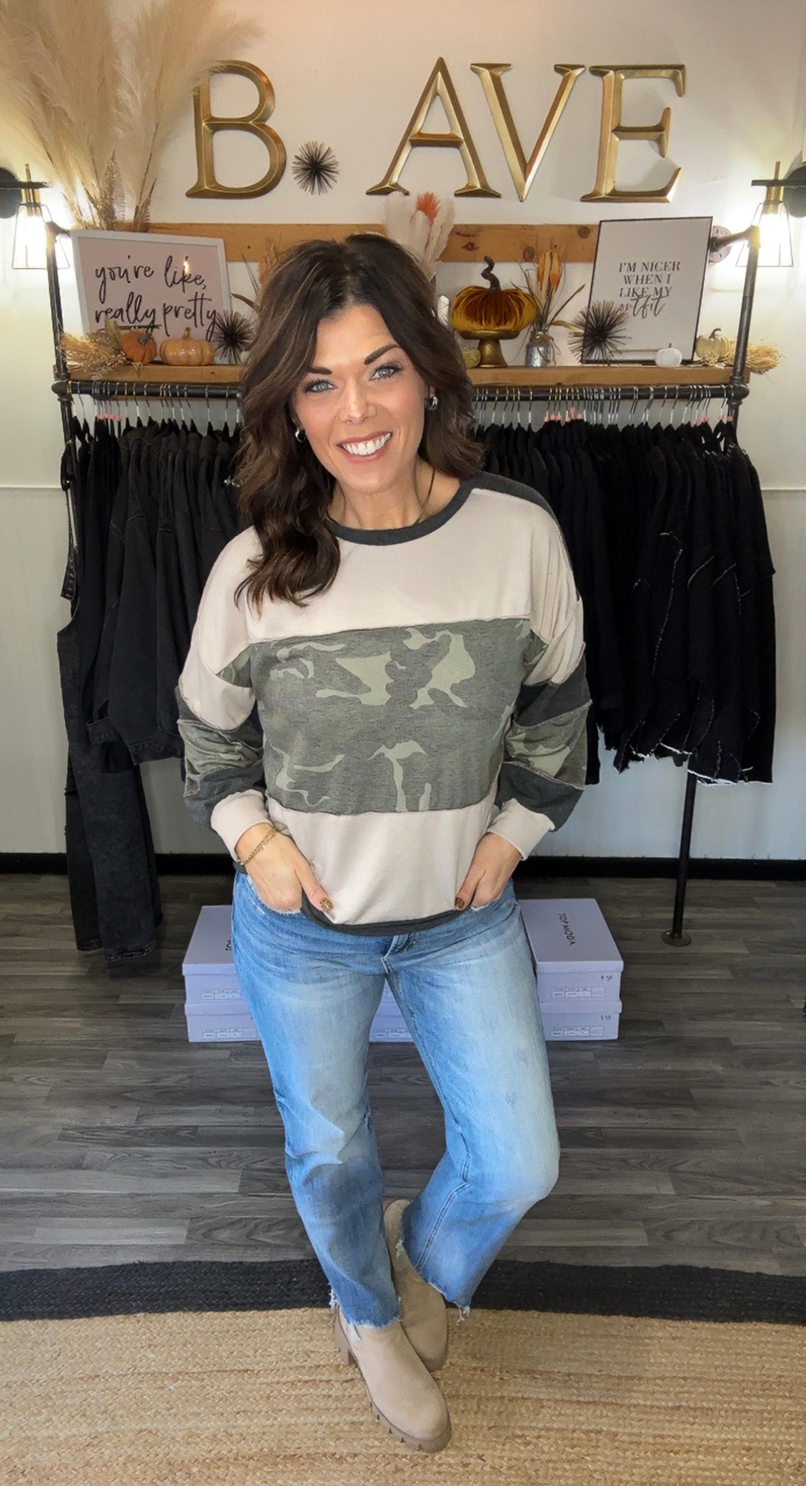 Taupe & Olive Camo French Terry Knit Top