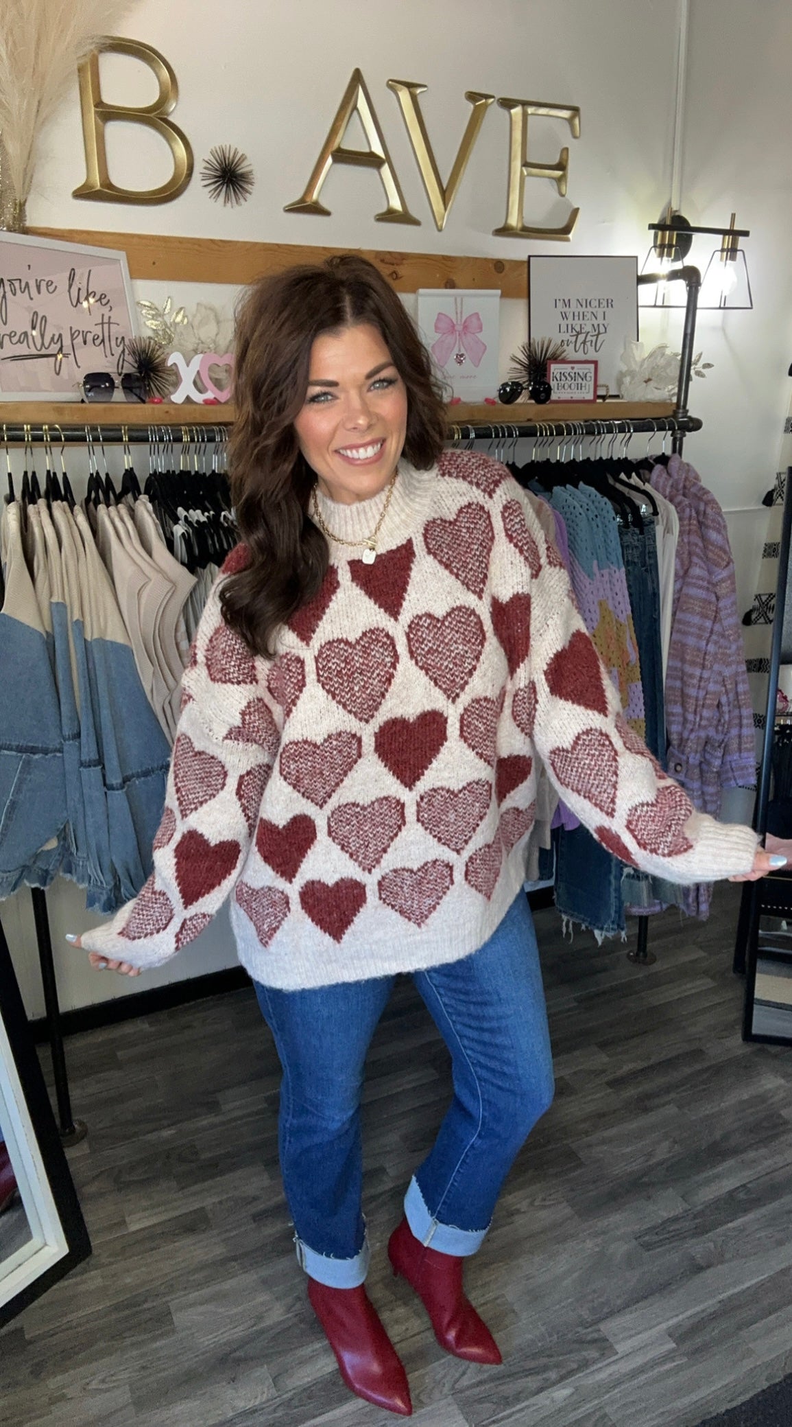 Oatmeal & Red Loose Fit Heart Sweater