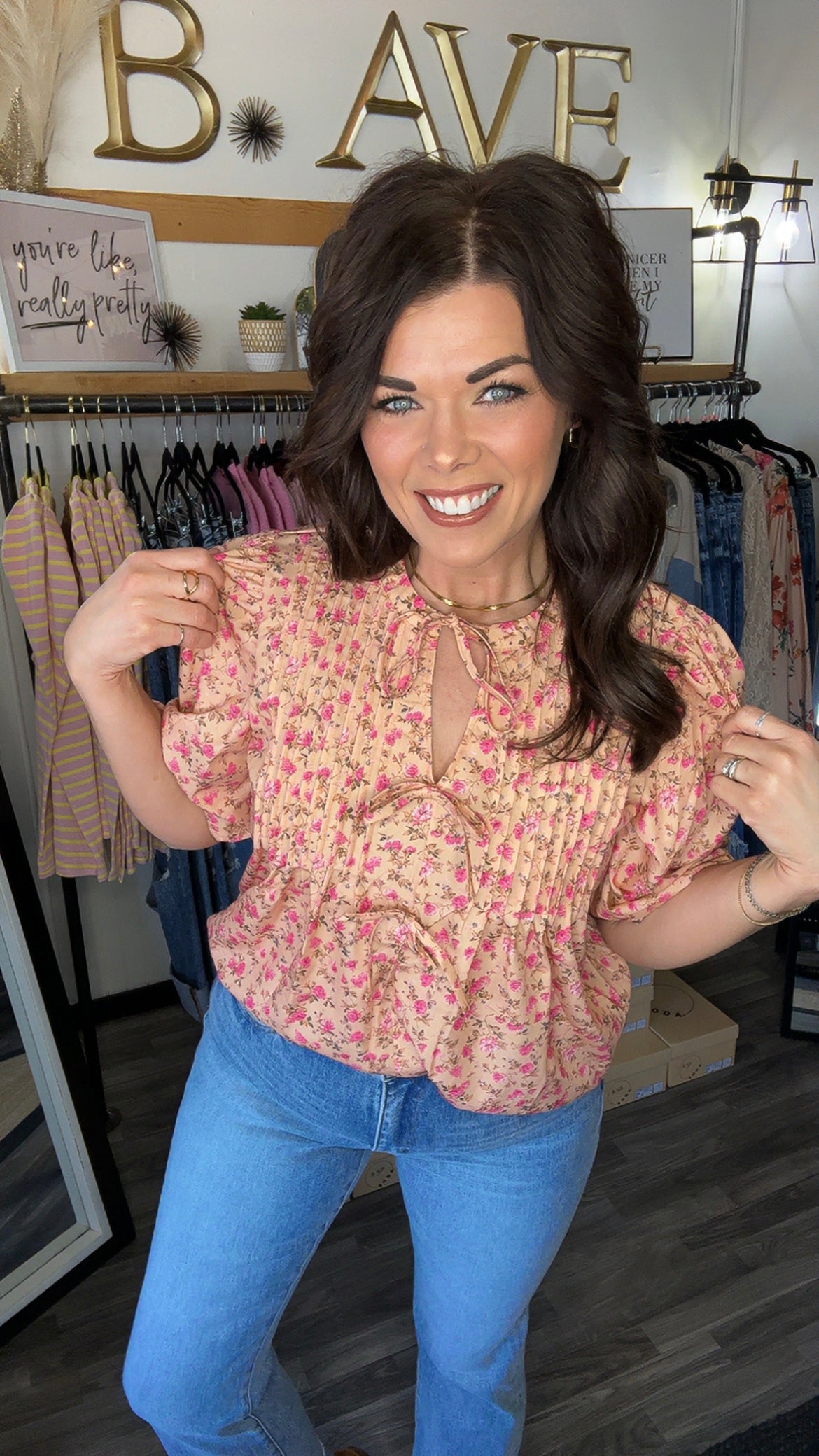 Peach & Pink Floral Pintuck Top