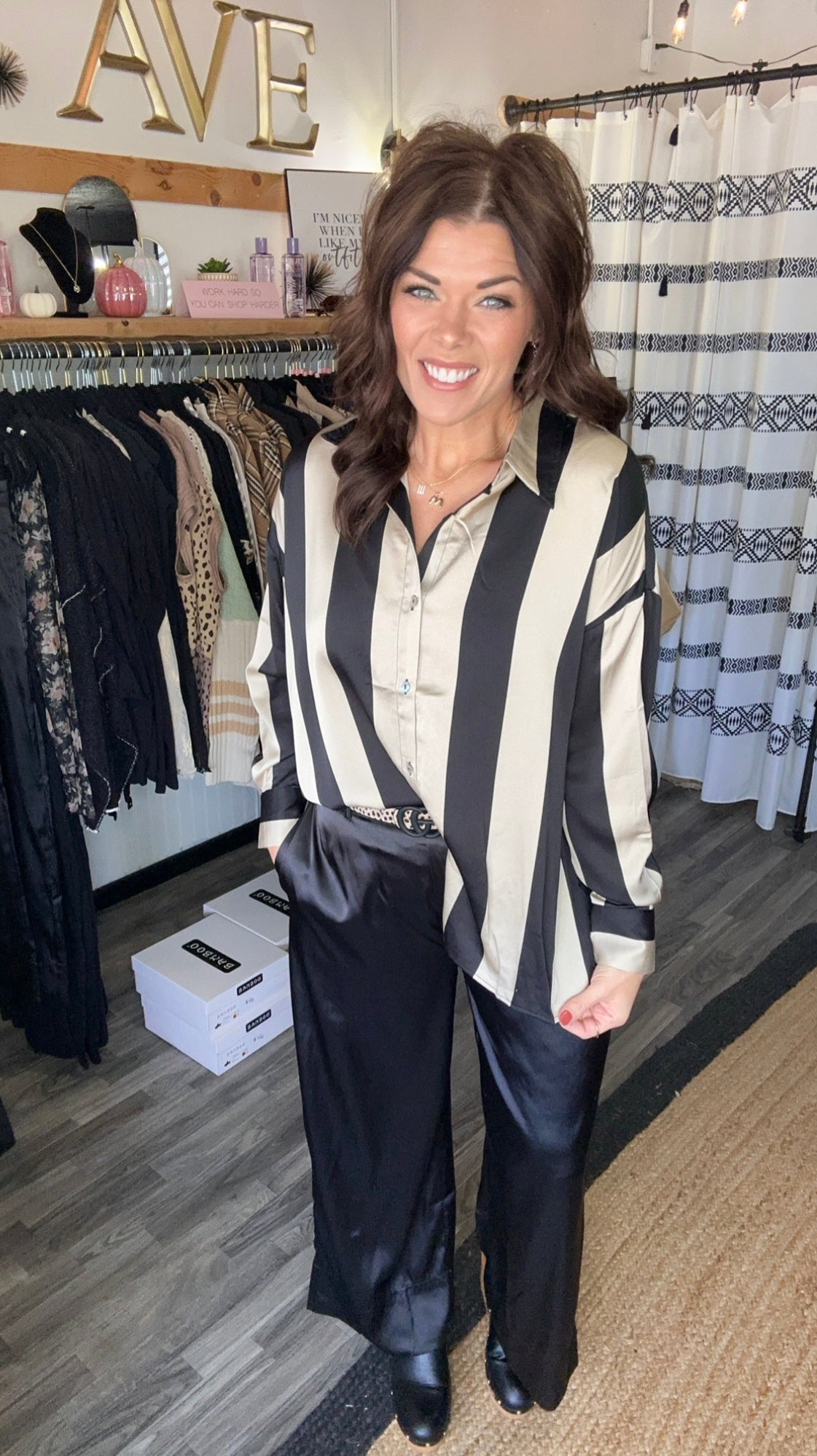 Black & Taupe Striped Satin Top