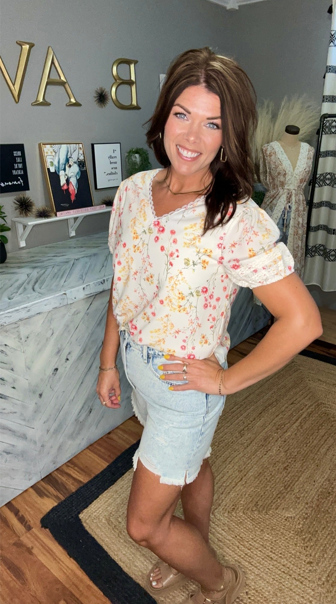 Ivory Boho Floral Lace Trim Top