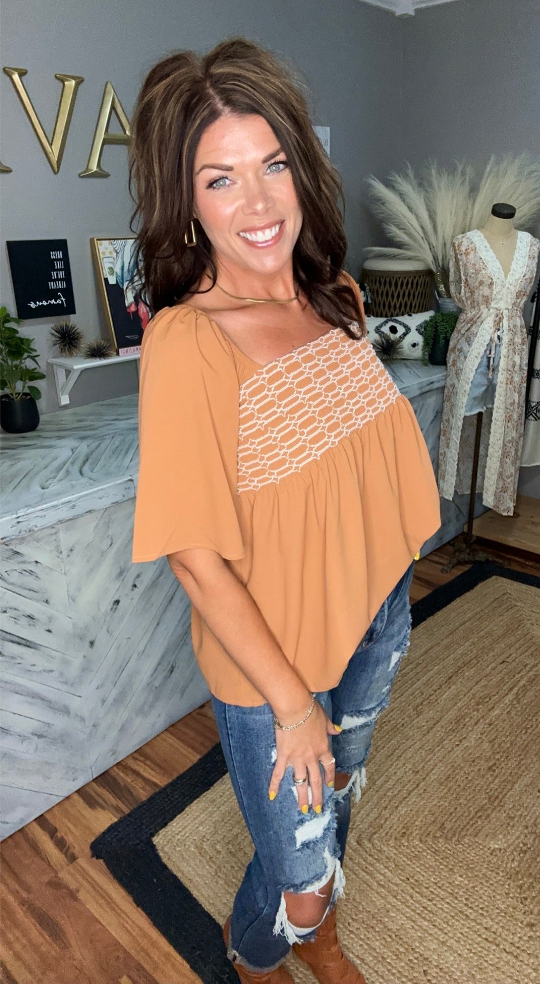 Camel Square Neck Flowy Top