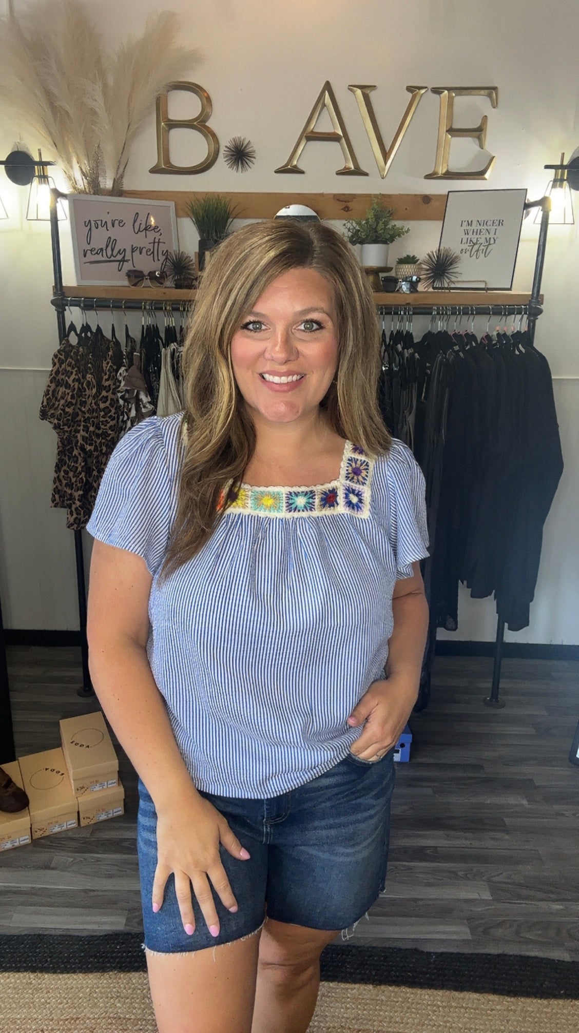 Blue Stripe Crochet Neck Top