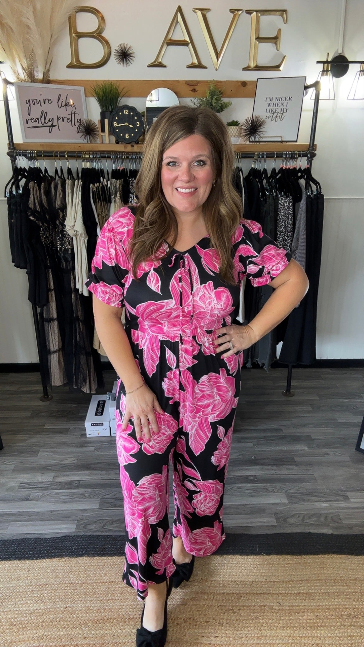 Pink & Black Floral Print Bubble Sleeve Jumpsuit