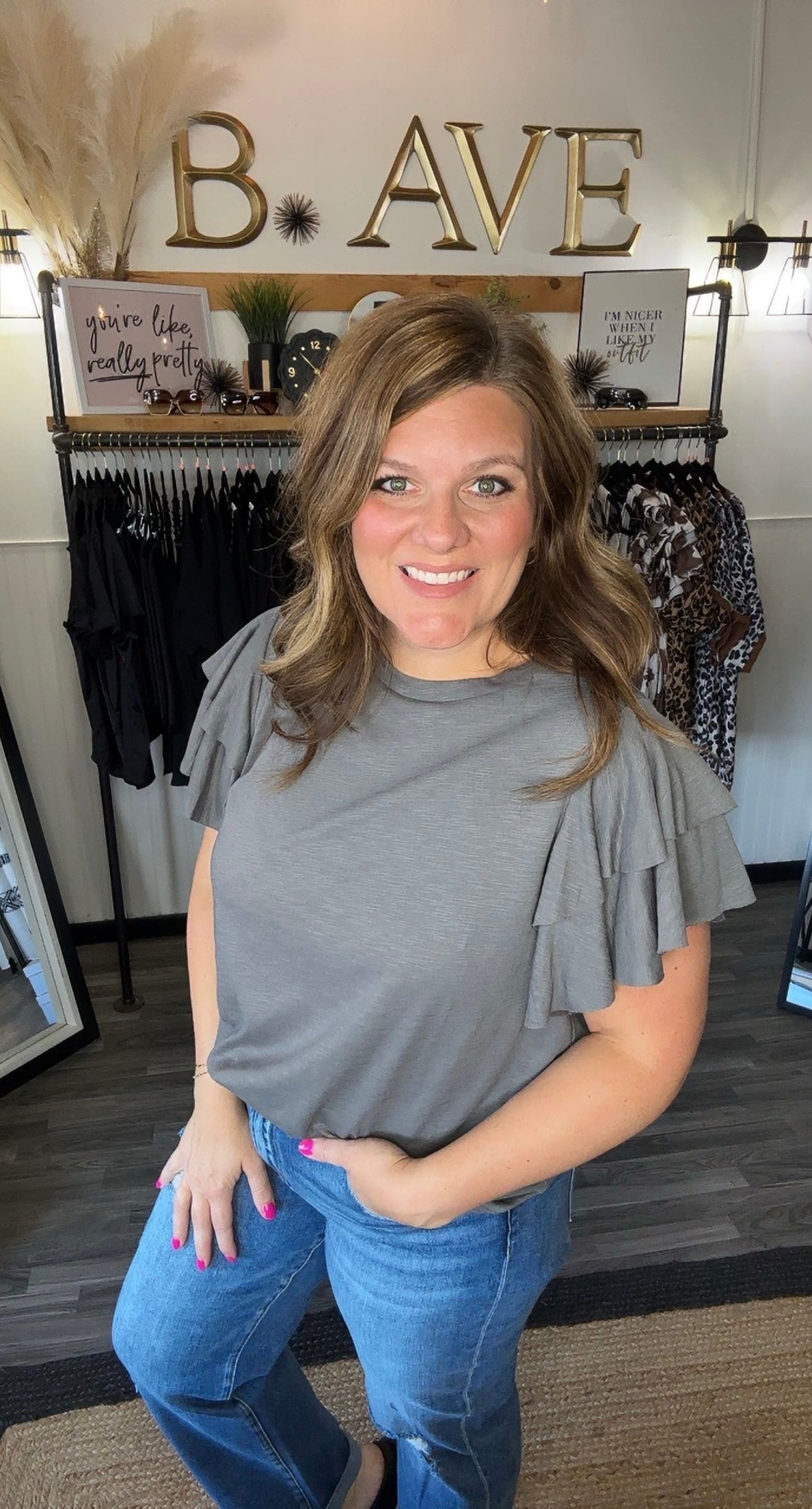 Dark Grey Double Ruffle Sleeve Top
