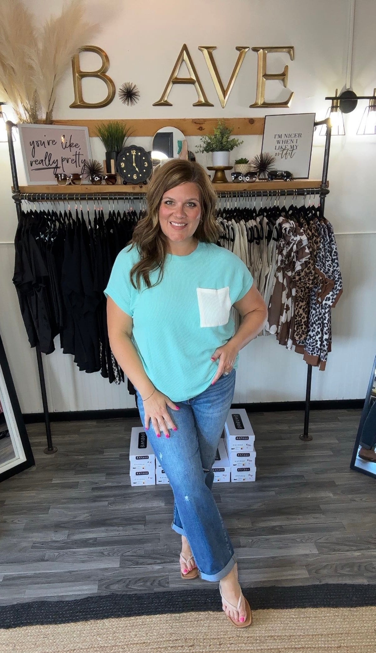 Mint Green Ribbed Contrast Pocket Top