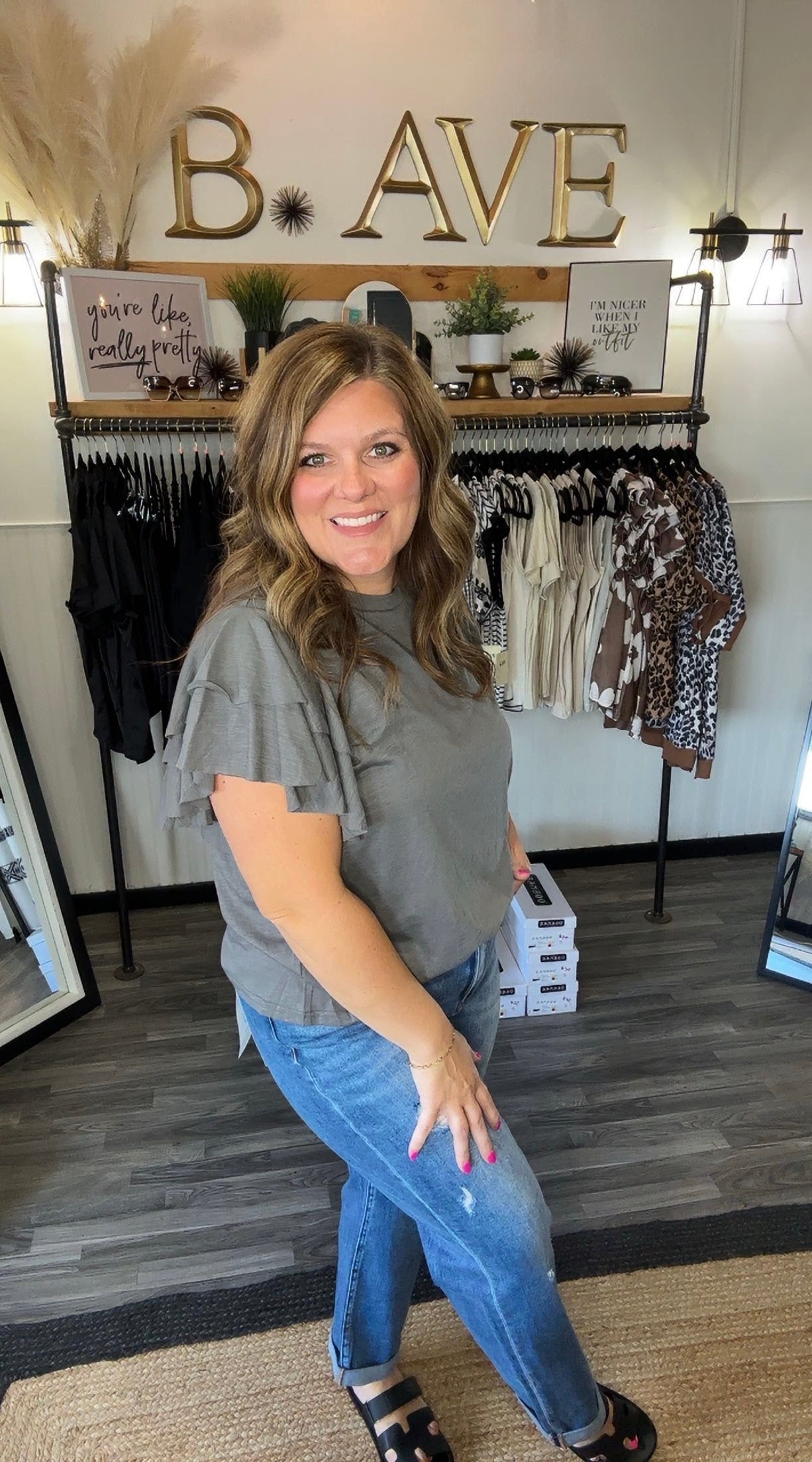 Dark Grey Double Ruffle Sleeve Top