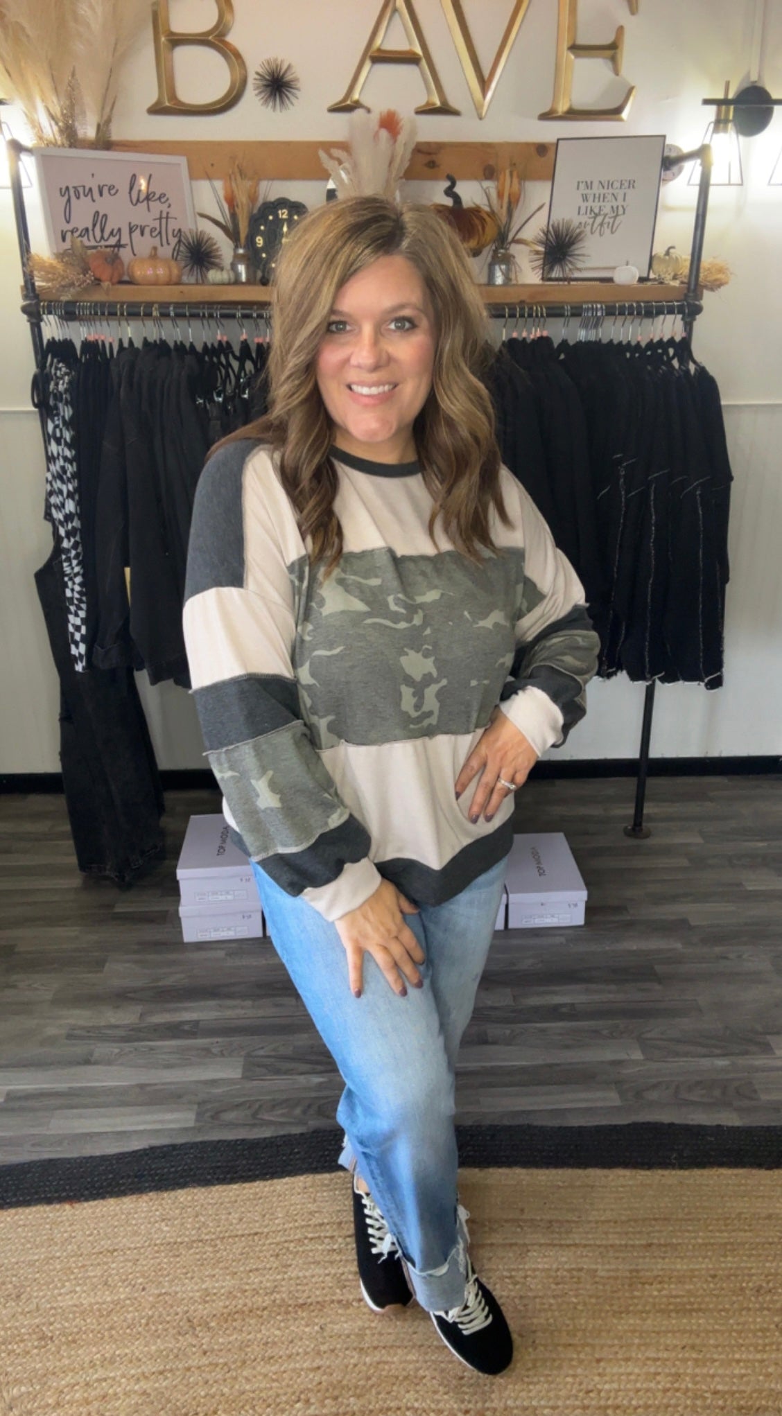 Taupe & Olive Camo French Terry Knit Top