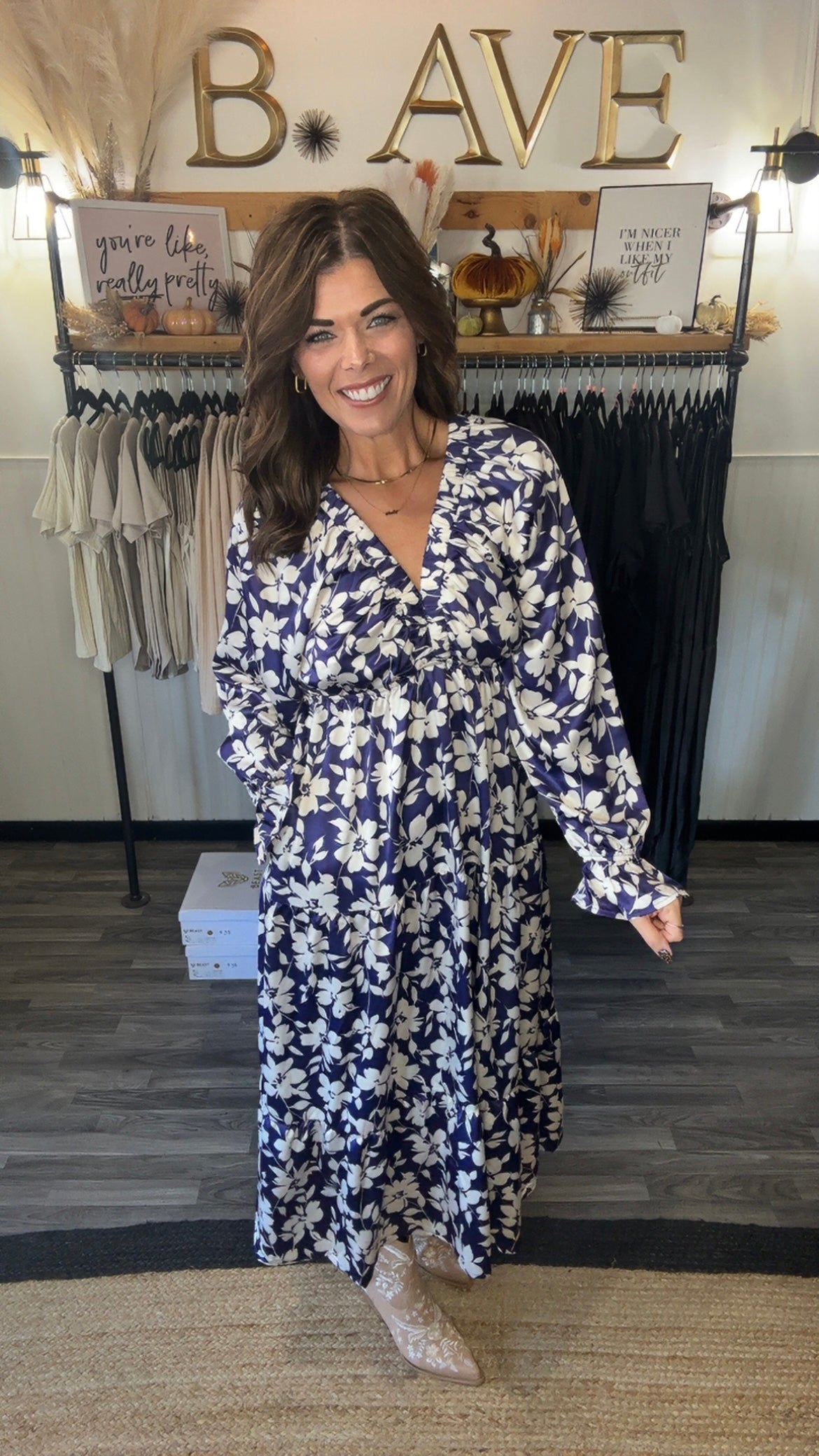 Navy & Ivory Floral Satin Dress