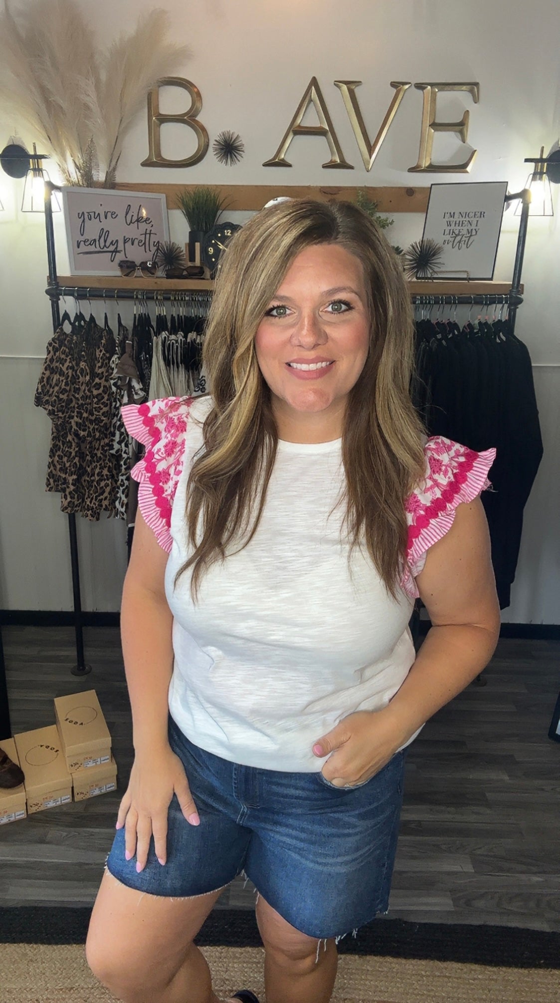 White & Pink Ric Rac Trim Flutter Sleeve Top