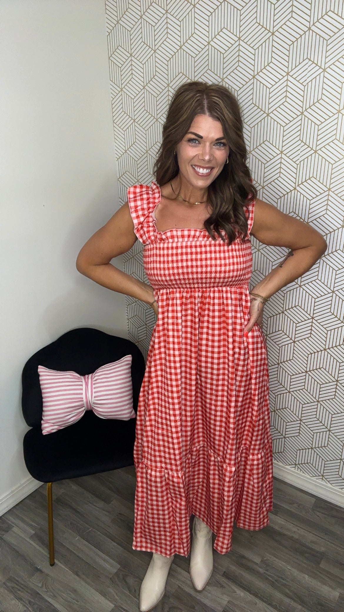 Red Gingham Sleeveless Maxi Dress